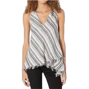 BCBG Maxazria Cream Black Striped Handkerchief Hem Frayed Tank Top Small Boho